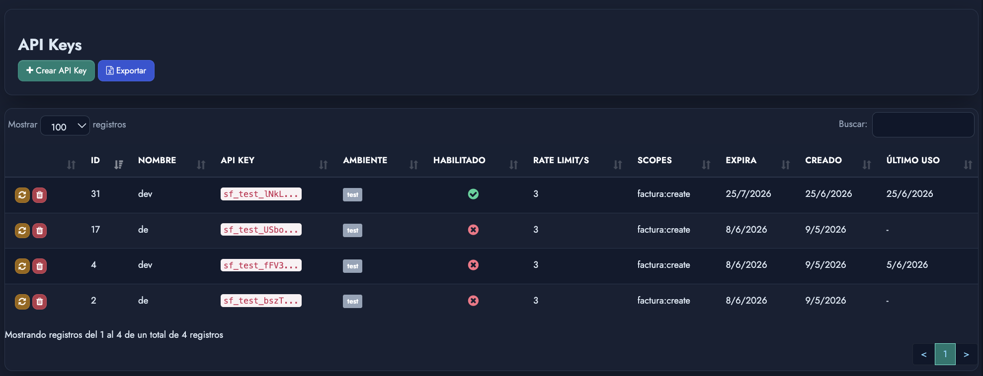 Administración de claves para la API de facturación de SiFactura