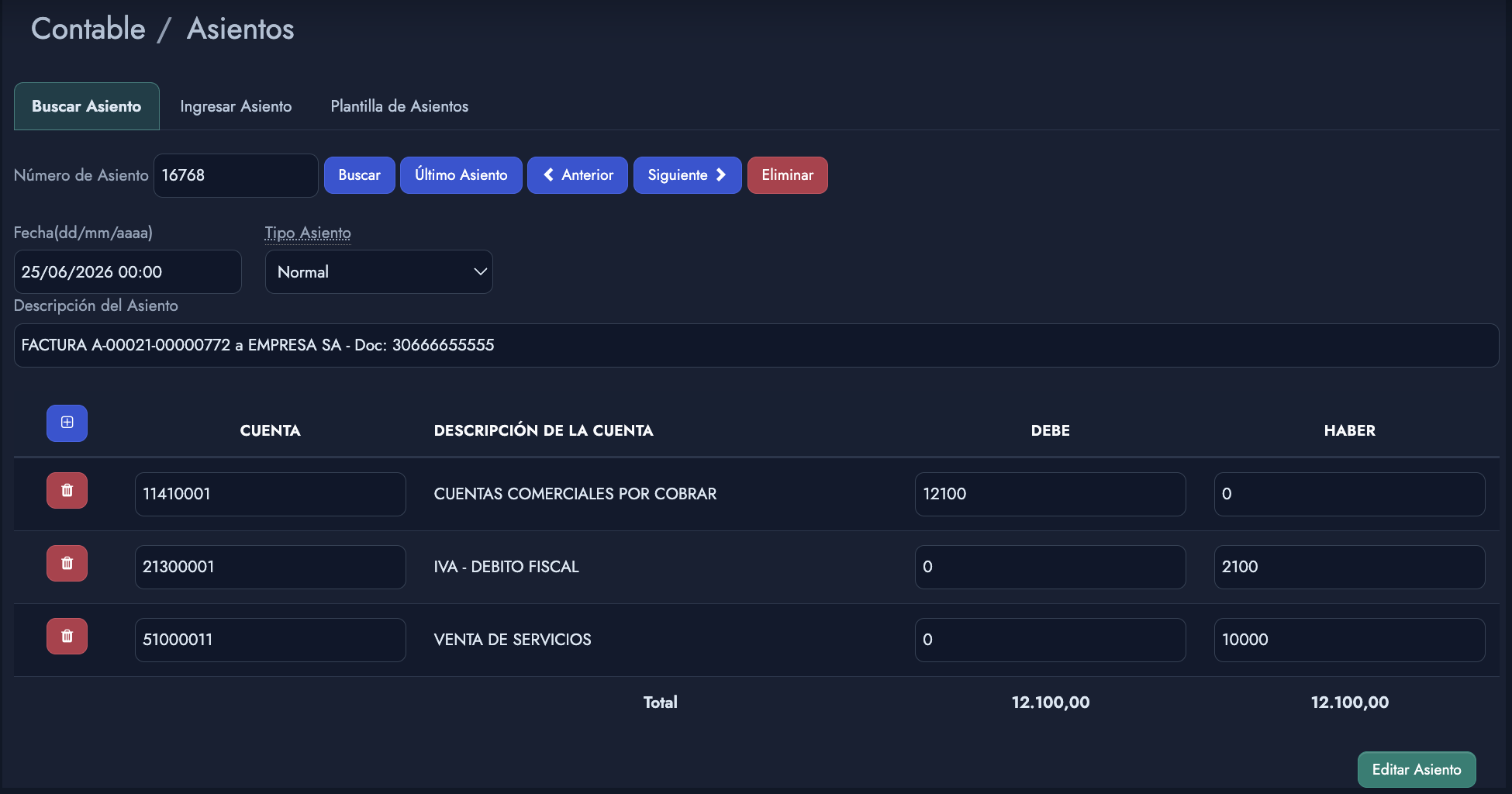 Creación de asiento contable en SiFactura